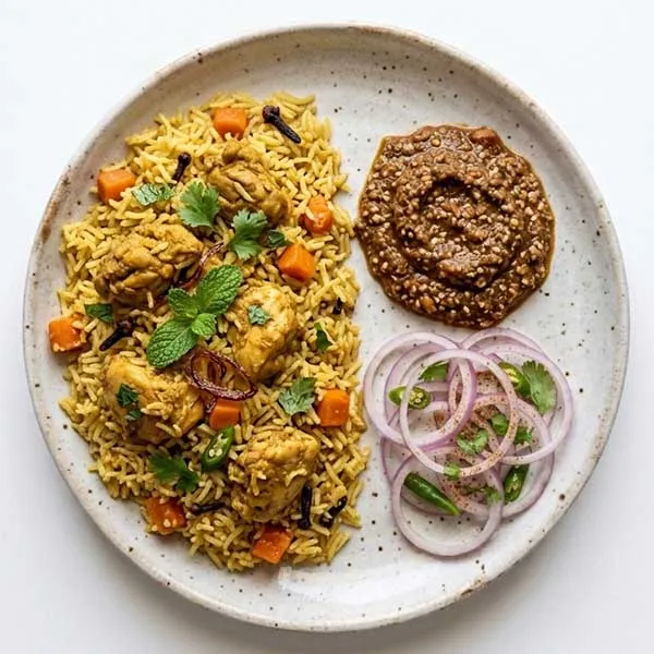 Hyderabadi Chicken Tehri with Roasted Peanut Salan